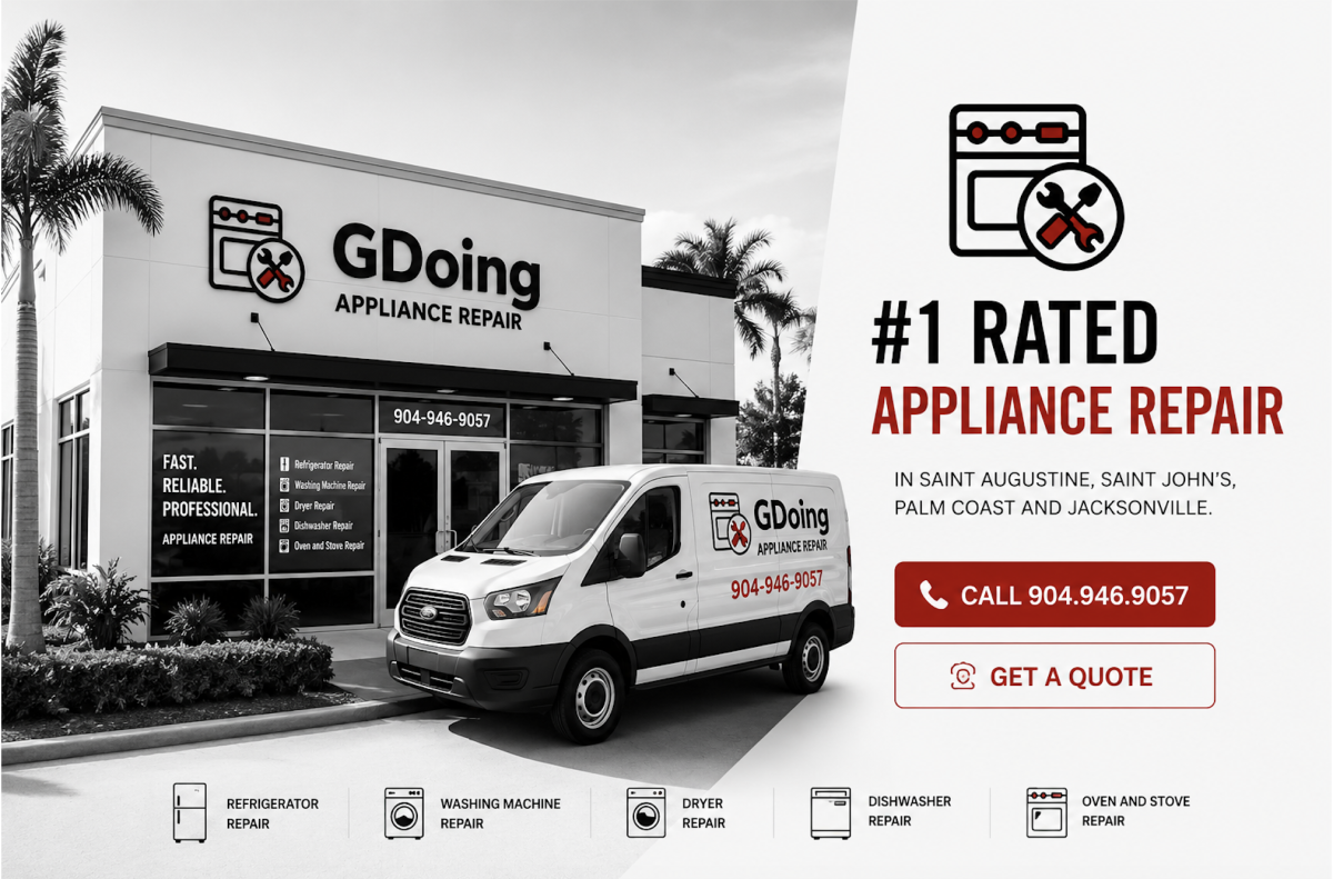 GDoing Appliance Repair storefront and service van — #1 rated appliance repair in Saint Augustine, Saint John's, Palm Coast and Jacksonville